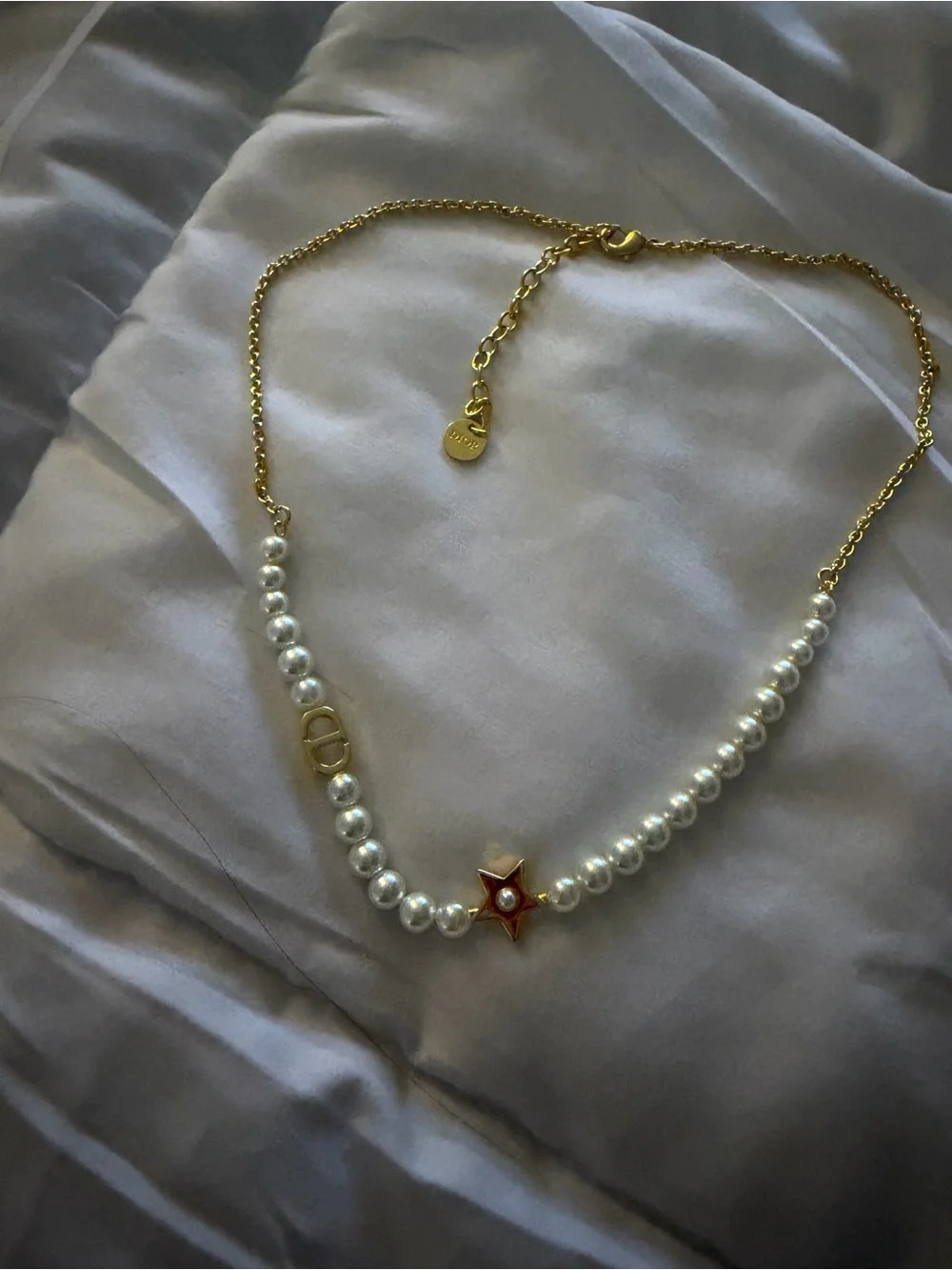 Dior Pearl Necklace with Gold Star and Chain